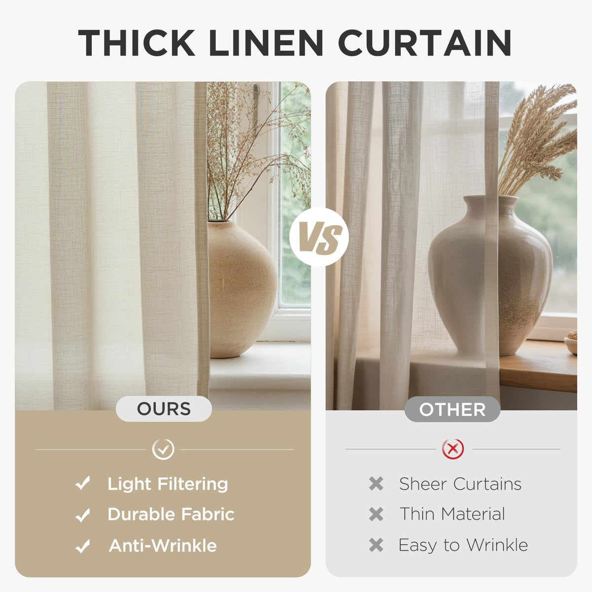Linen Curtains 96 inch Length 2 Panel Set, Light Filtering Curtain Bedroom, 52 inch Wide Drapes with Rod Pocket Back