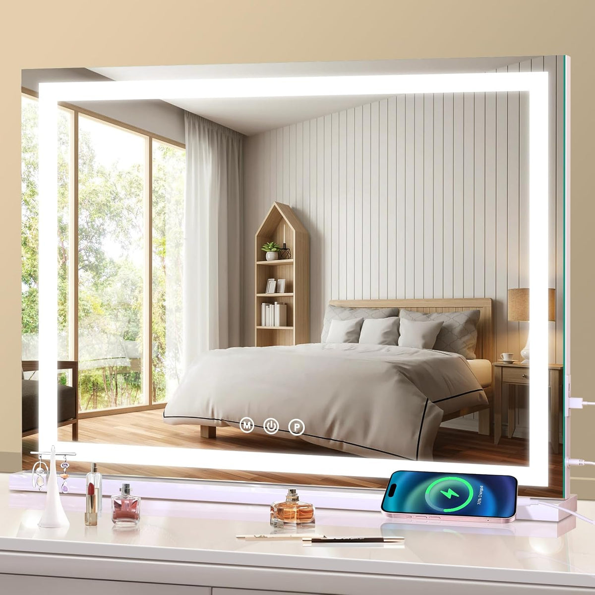 Large Lighted Vanity Mirror, 23" x 19" Light Up Make up Mirror with Smart Touch 3 Colors Dimmable, Tabletop or Wall