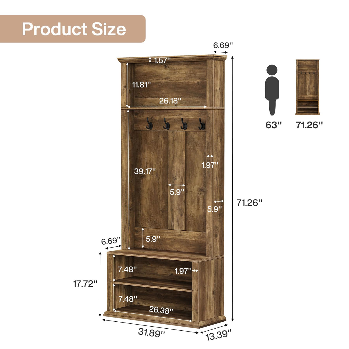 Hall Tree with Bench and Shoe Storage, 70.89" Tall Hall Tree with Coat Hooks, Open Shoe Shelves and Top Display