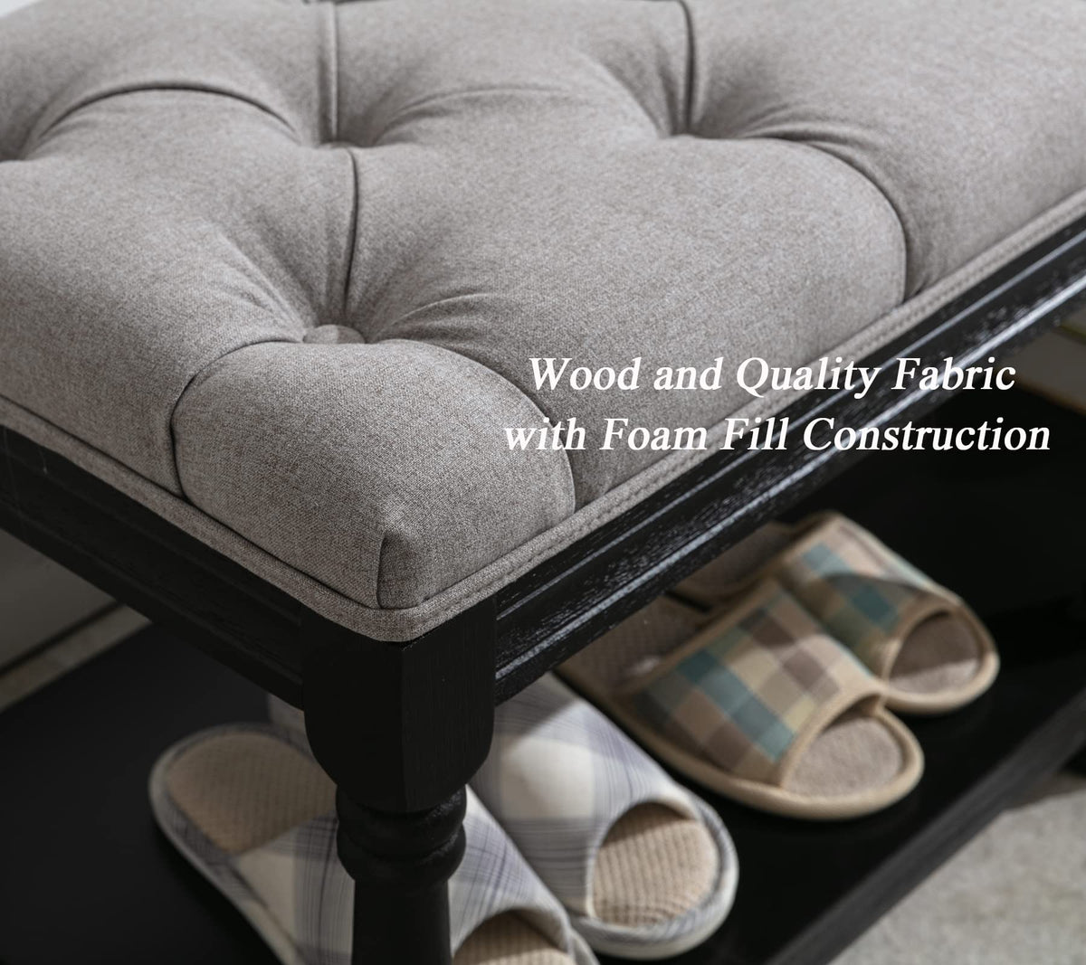 Mid-Century Tufted Storage Bench with Shelf, Linen Upholstered Farmhouse Entryway Shoe Bench Ottoman Bed End Stool
