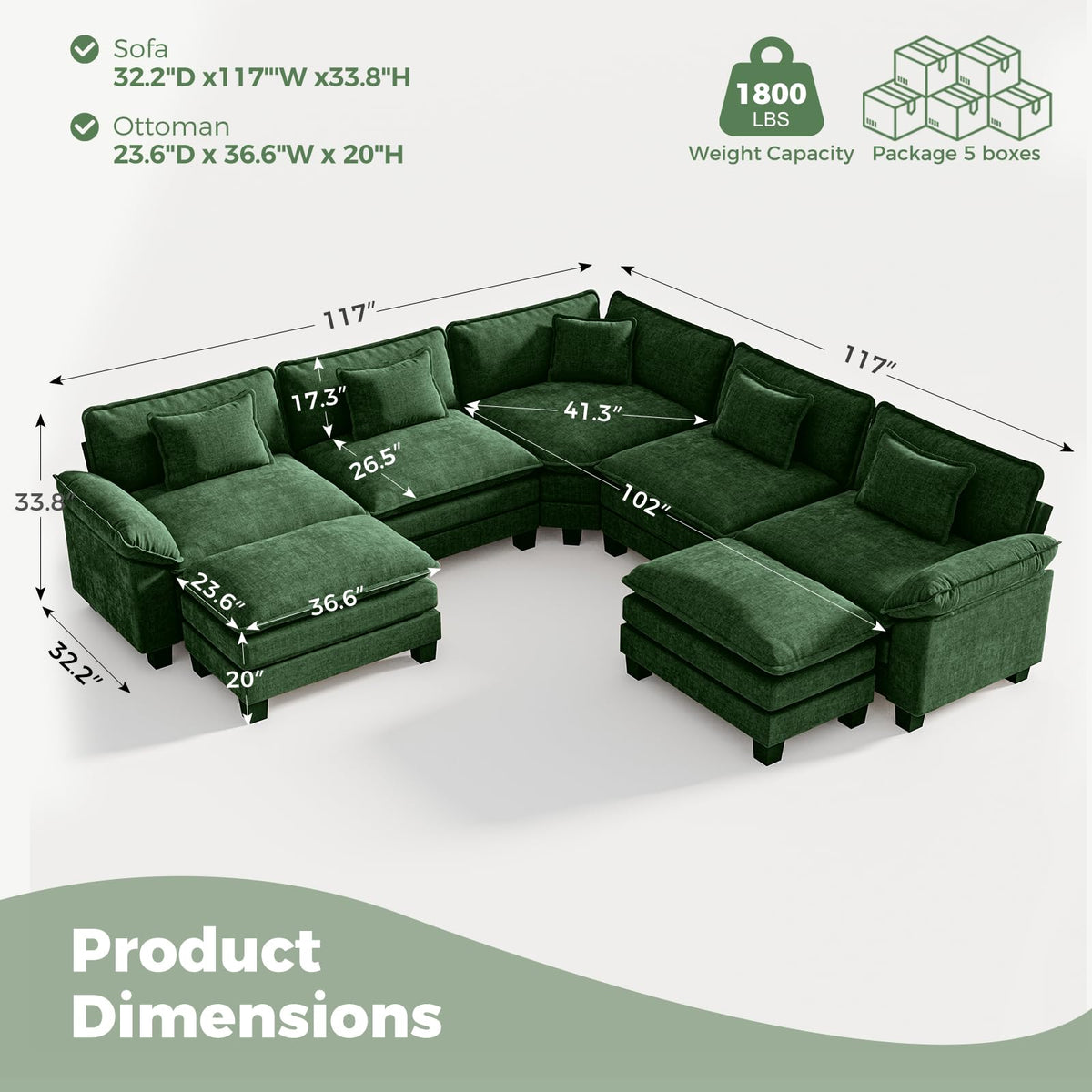 117" Oversized V-Shaped Modular Sectional Cloud Couch with Corner, Comfy 7-Seat Sofa w/ 2 Ottomans, Chenille Deep