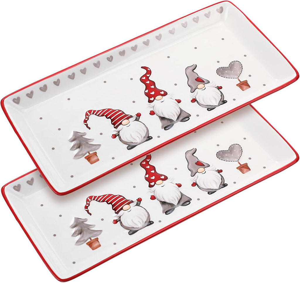 Christmas Ceramic Serving Platter Set of 2 Christmas Porcelain Trays Gnomes Serving Plates Rectangular for Food Salad