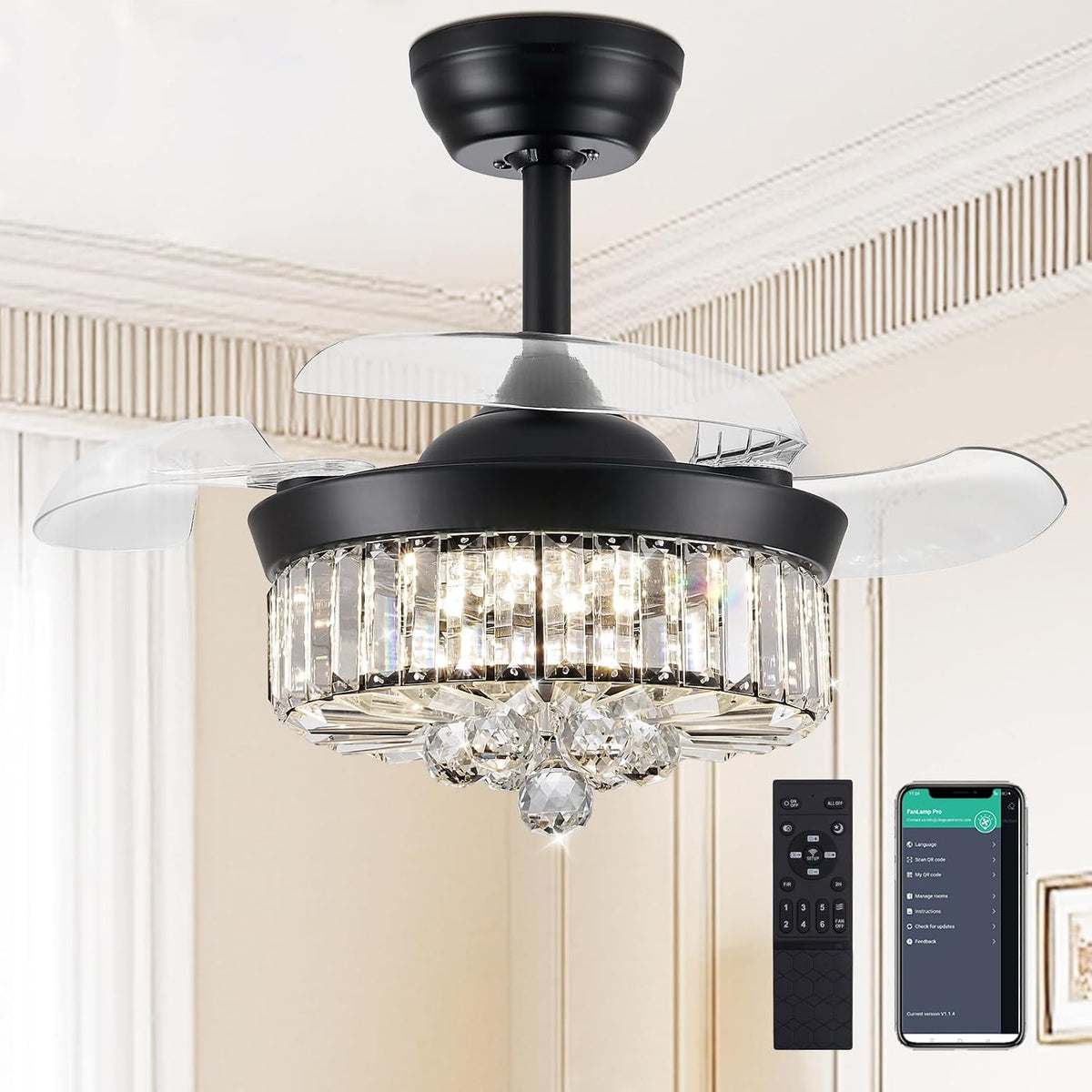 30" Crystal Retractable Ceiling Fan with Light