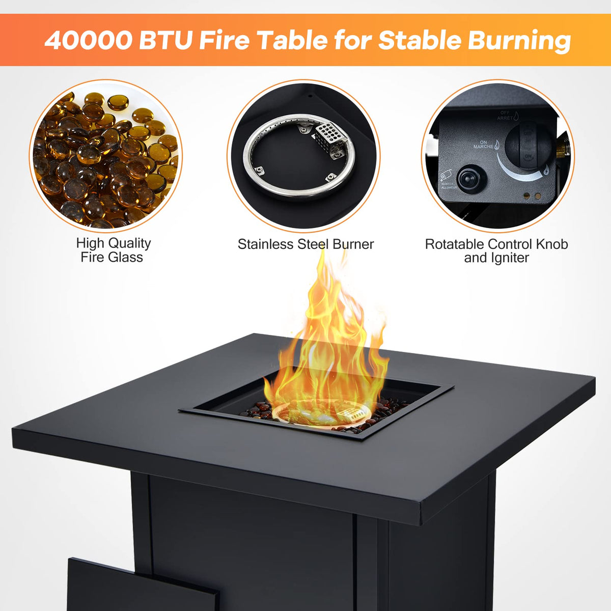 32-Inch Propane Fire Pit Table, 40000 BTU Square Gas Firepit Table with Lid, Fire Glass and Adjustable Flame, CSA