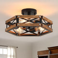 3-Light Rustic Farmhouse Wood Flush Mount Ceiling Light Fixture Oak Wood and Metal Cage Semi Flush Mount Ceiling