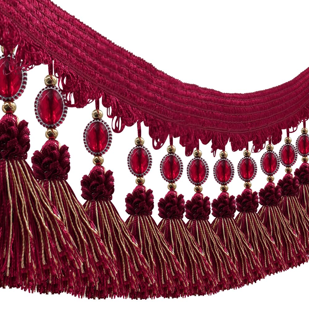 Pom Pom Curtain Fringe Trim Beads Ball Tassel Trimming Sewing Ribbon Upholstery Fabric (red) - 3yards