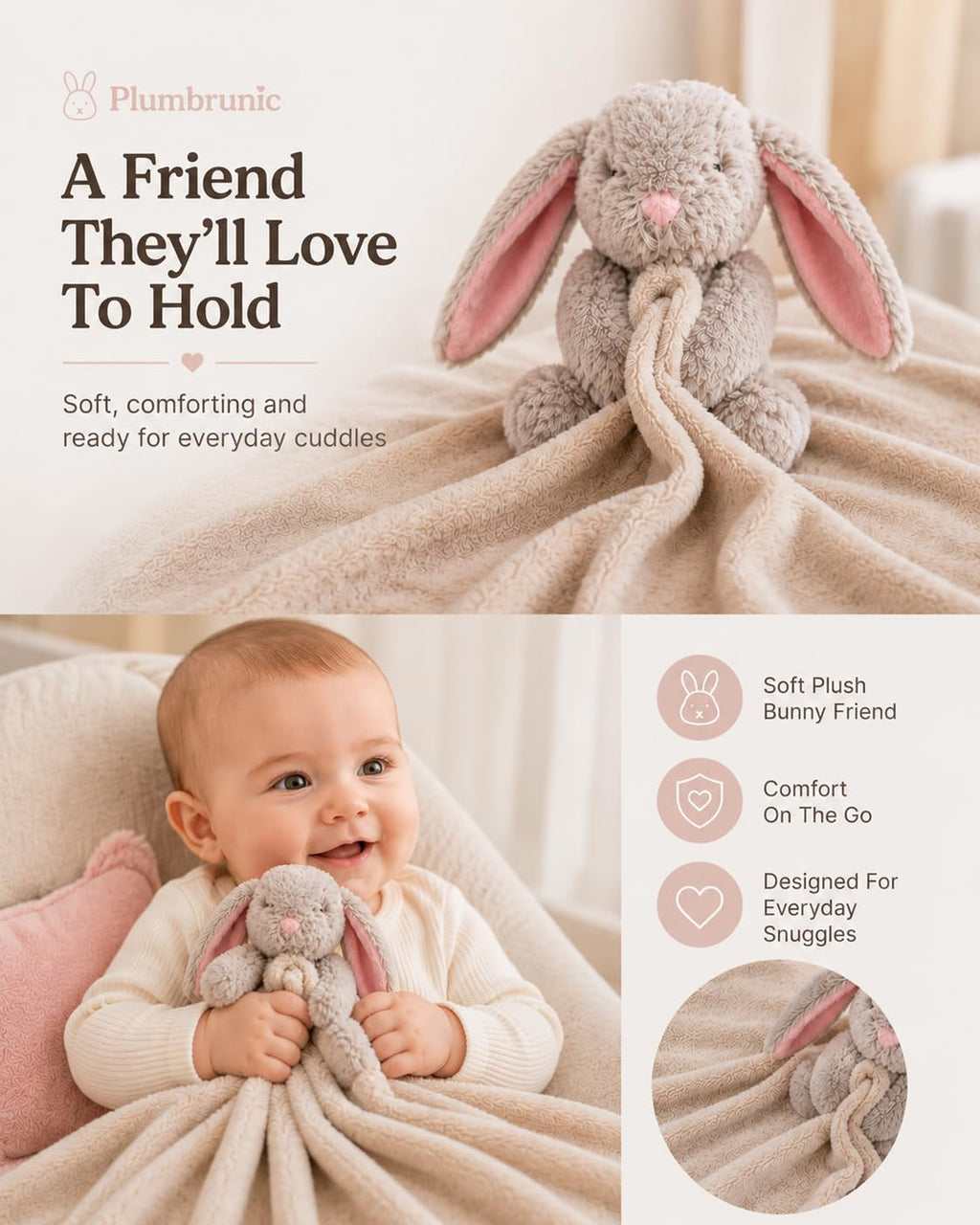 XL Baby Blanket with Stuffed Animal Bunny Lovey 40 x 28 Inch