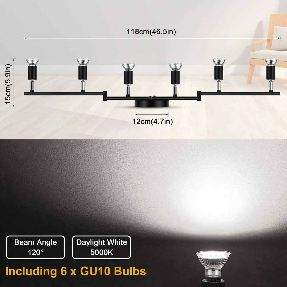 LED Track Lighting Kit, Flexibly Rotatable Light Heads, 6 Way Ceiling Spotlight Black Finish, Including 6