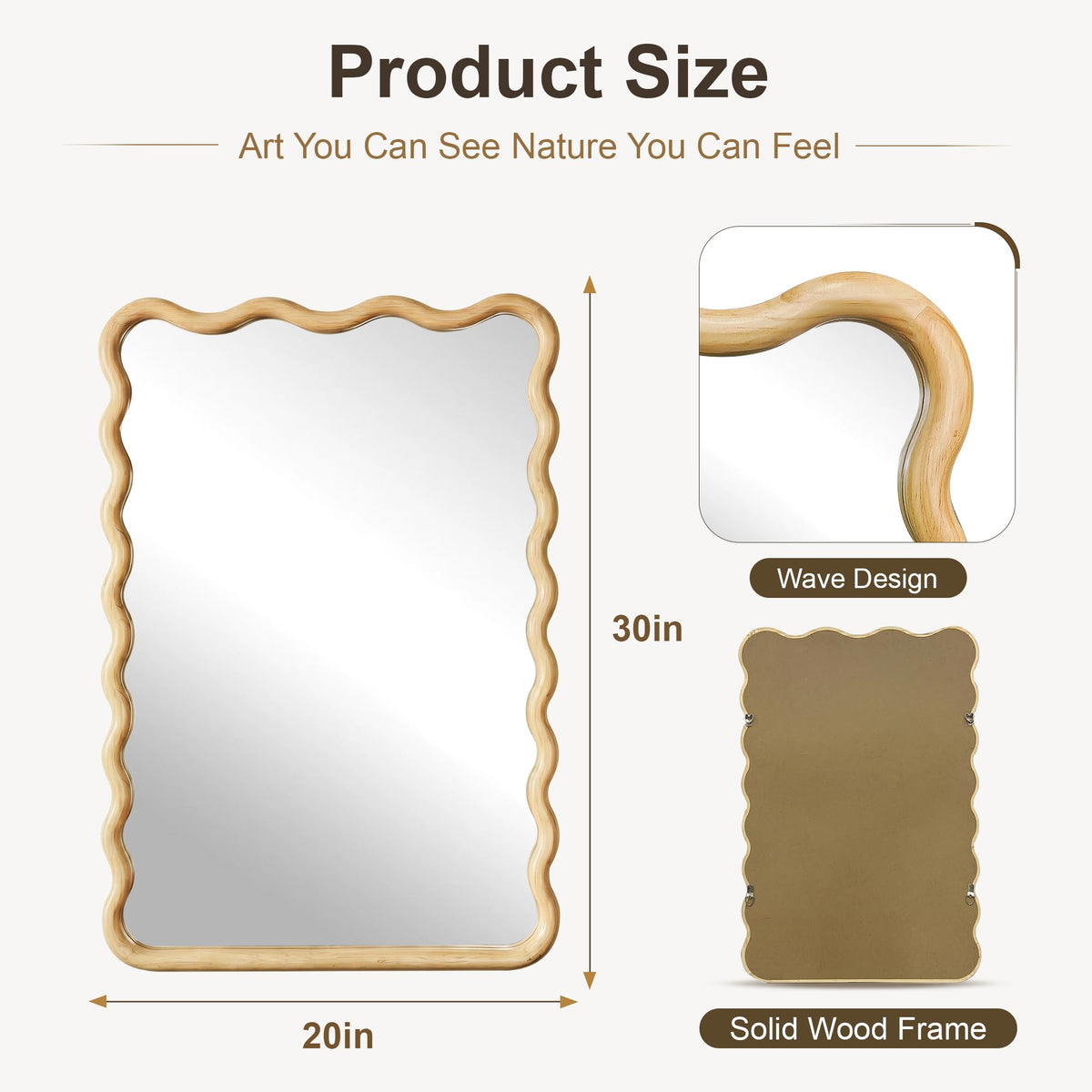 Wavy Wood Bathroom Mirror, 20" x 30" Boho Vanity Mirror for Wall