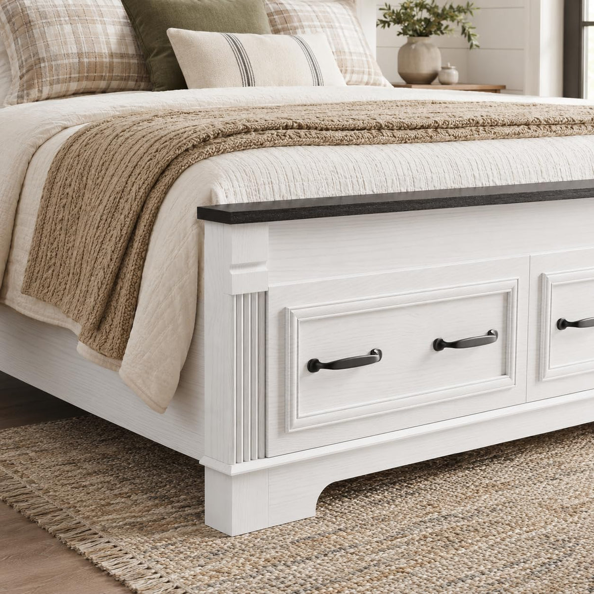 Farmhouse Bed Frame 51" Headboard Storage Drawers Roman Footboard