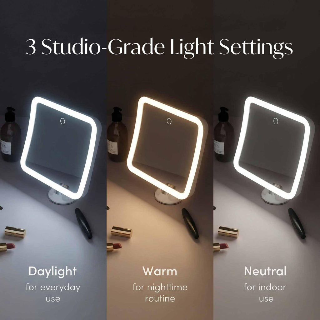 Rechargeable 10x Magnifying Mirror with 3 LED Light Settings, Dimmable Touch Light, Cordless, Locking Suction Mount