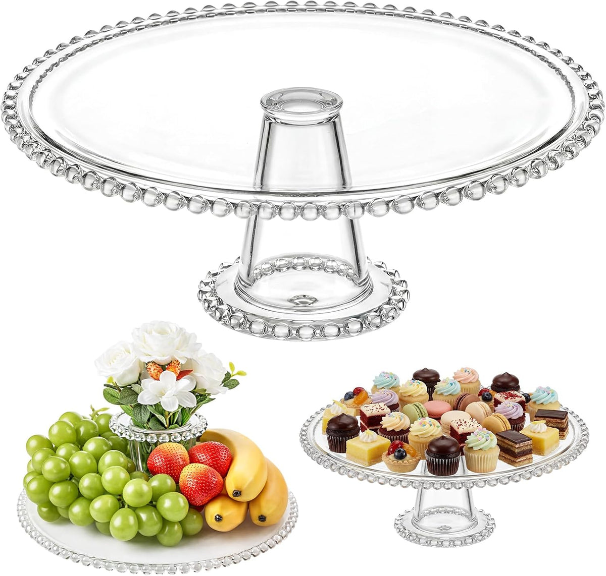 2-in-1 Glass Fruit Flower Vase 12.2 Inch Cupcake Stand Clear Pedestal Vase with White Bouquet Reversible Decorative