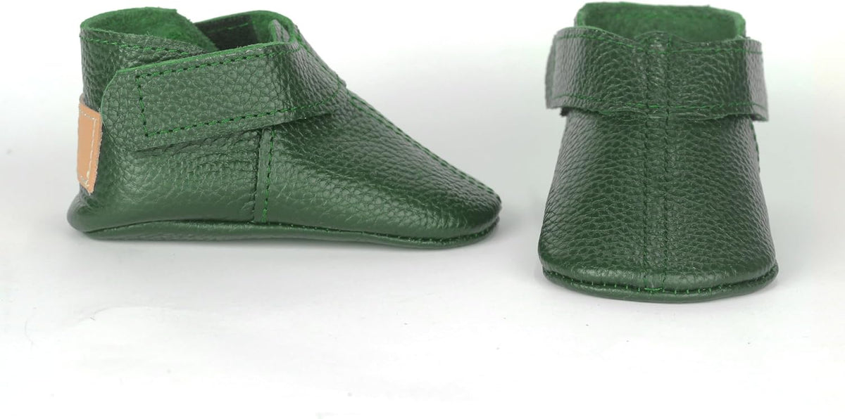 Handmade Genuine Leather Baby Shoes, Soft Sole Infant Moccasins, Emerald Green Toddler Booties, Newborn First Walker