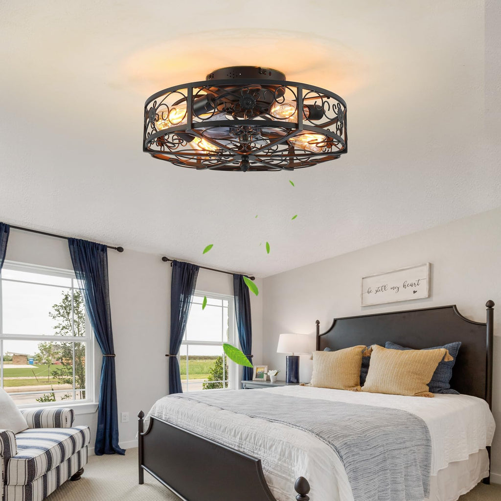 20" Flush Mount Caged Ceiling Fan with Light & Remote