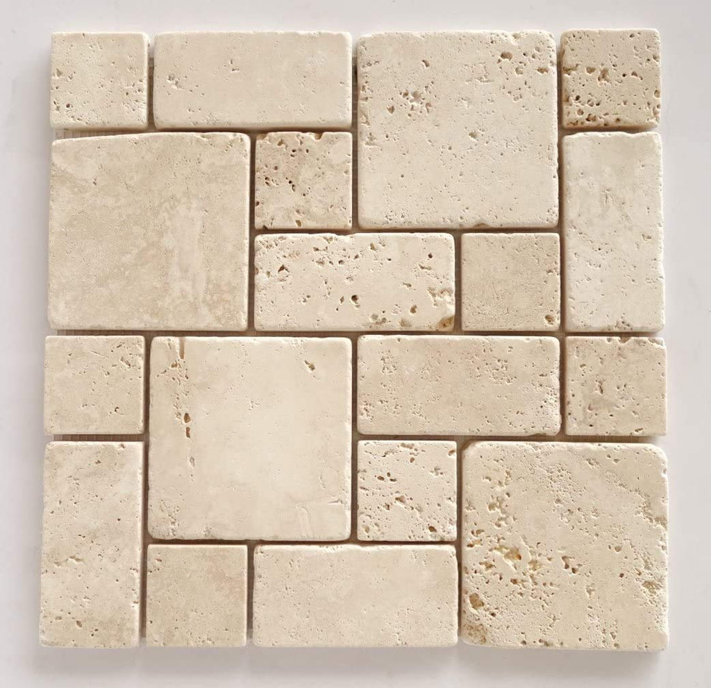 Ivory/Beige Travertine Tumbled 3-Pieced Mini-Pattern Mosaic Tile -1 Sheet