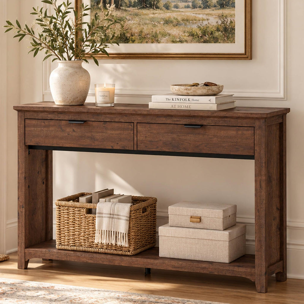 Entryway Table with 2 Drawers, 47 in Sofa Console Table, Rustic