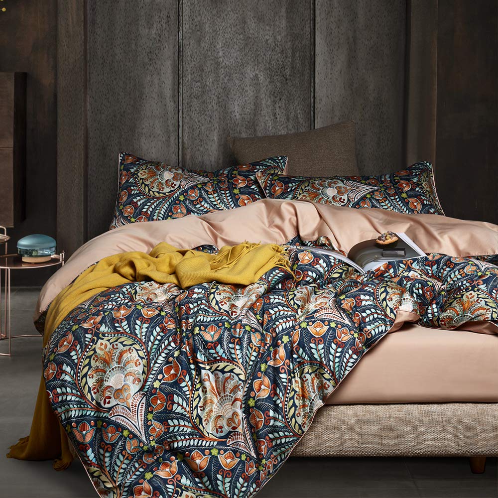 Boho Duvet Cover Queen, Paisley Flower Printed Long Staple Cotton Duvet Cover with 2 Pillowcases, Retro Damask