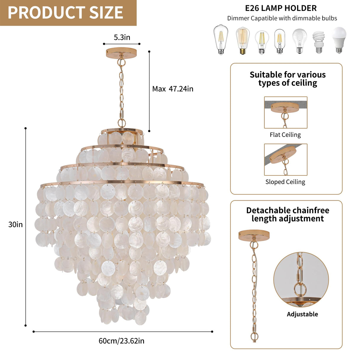 Coastal Capiz Shell Chandelier 24 inch Gold Natural Seashell Farmhouse Boho Chandelier 4-Light Pendant Light Fixture