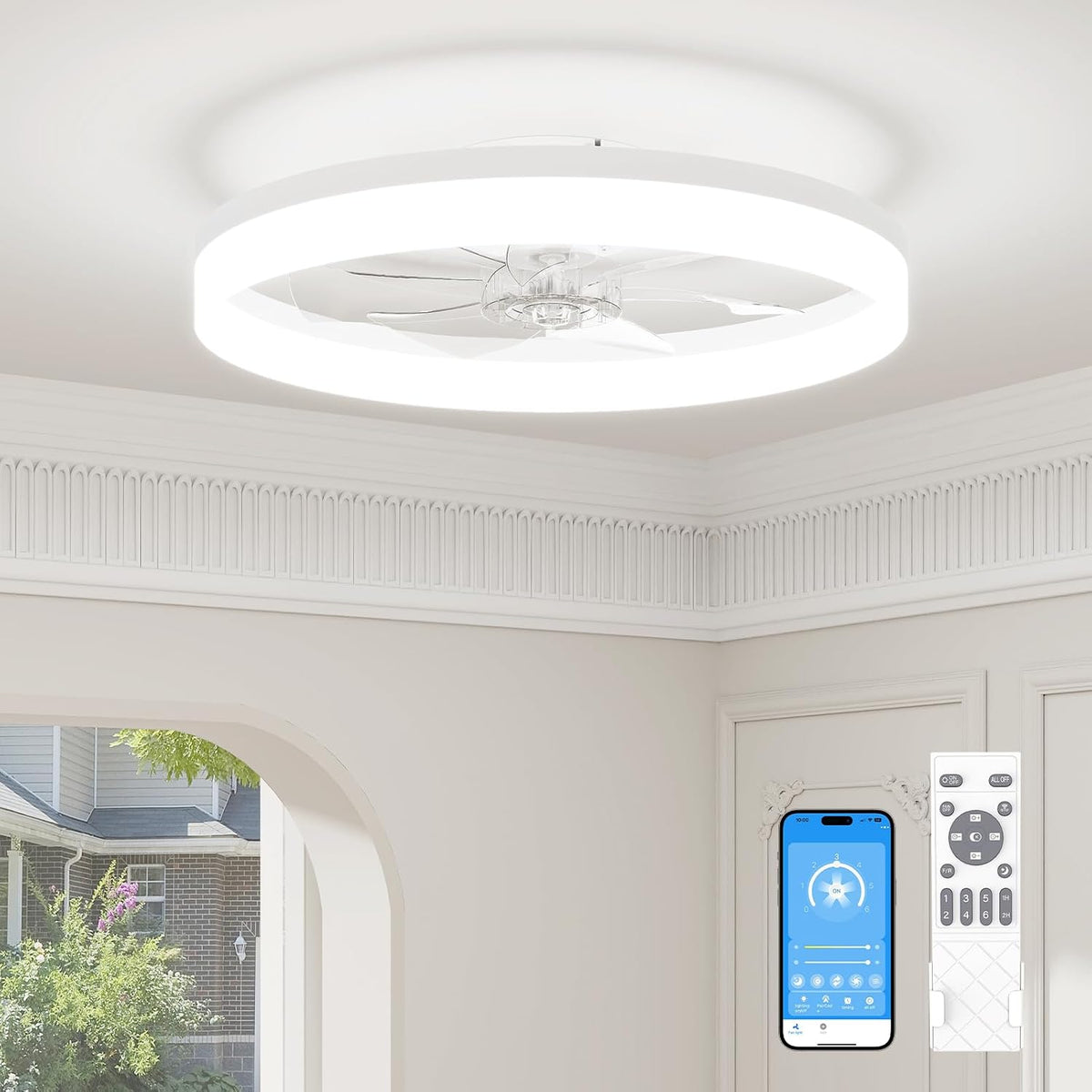 23.6" Flush Mount Chandelier Ceiling Fan with Light & Remote
