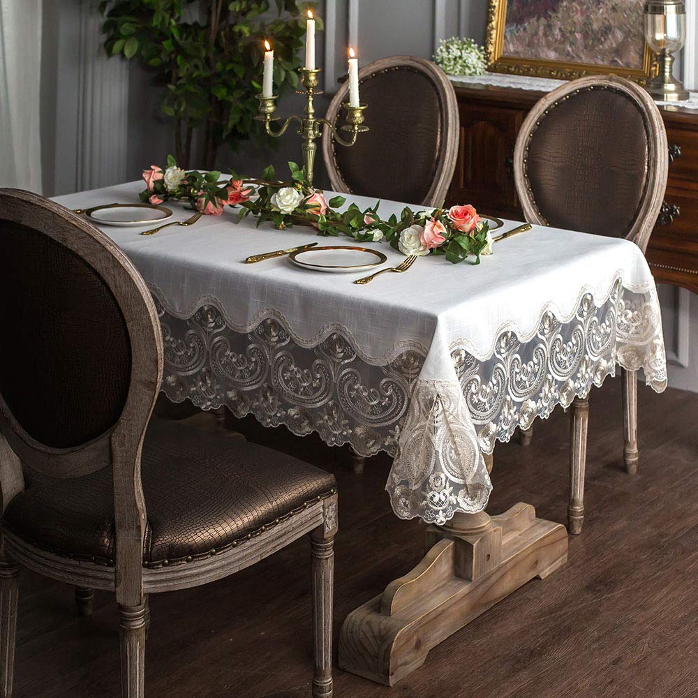 Beige Lace Rectangle Tablecloth Macrame Embroidered 60 x 104 Inch
