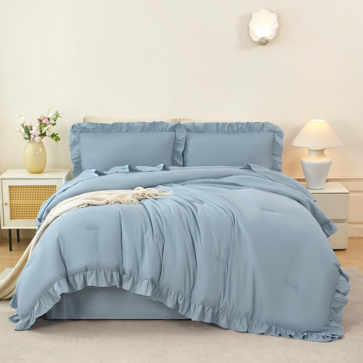 5Pcs Comforter Sets Dusty Blue Ruffle Bedding Sets