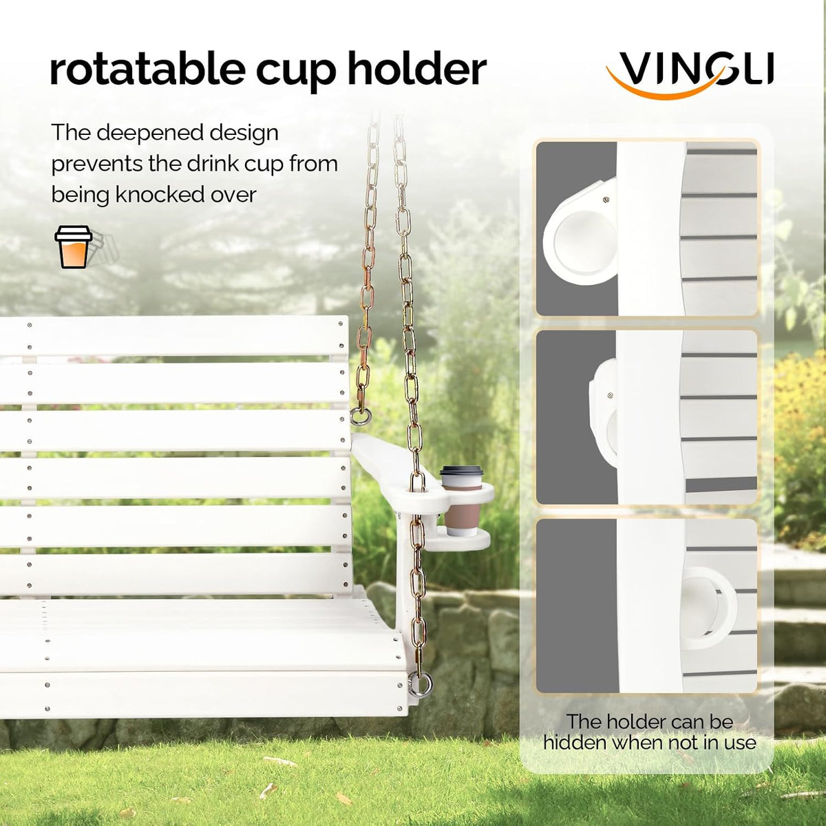 4FT HDPE Porch Swing Outdoor with Rotatable Cup Holder, White | 1600 LBS Heavy Duty Recycled Plastic Porch Swing with