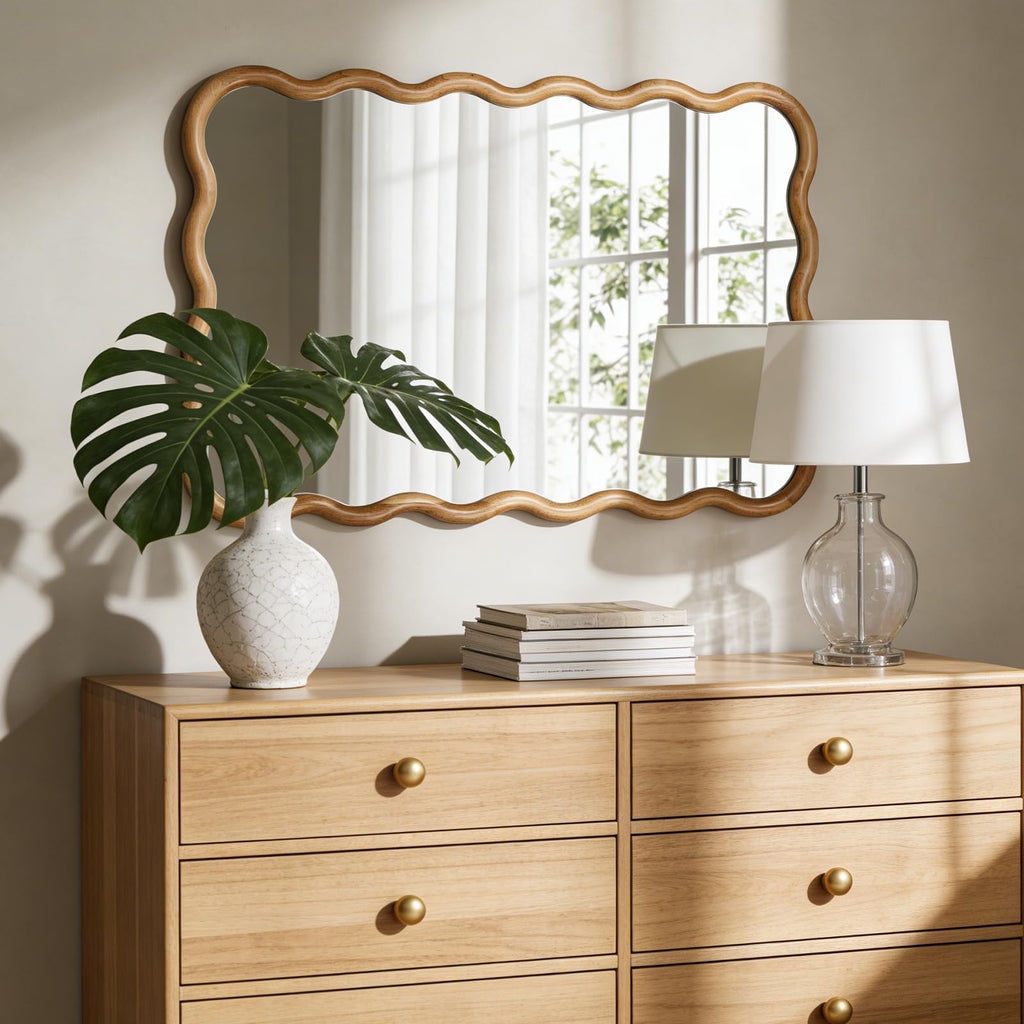 24"x36" Wavy Wood Mirror, Natural Wood Boho Accent Wall Mirror with Wooden Frame, Decorative Wall Mounted Mirror for