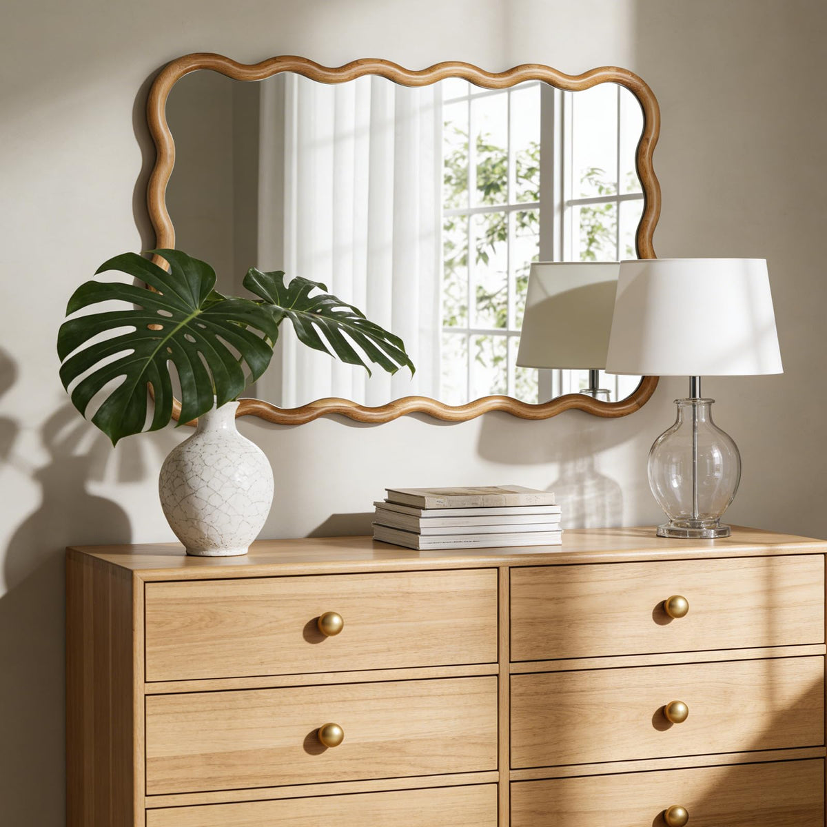 24"x36" Wavy Wood Mirror, Natural Wood Boho Accent Wall Mirror with Wooden Frame, Decorative Wall Mounted Mirror for