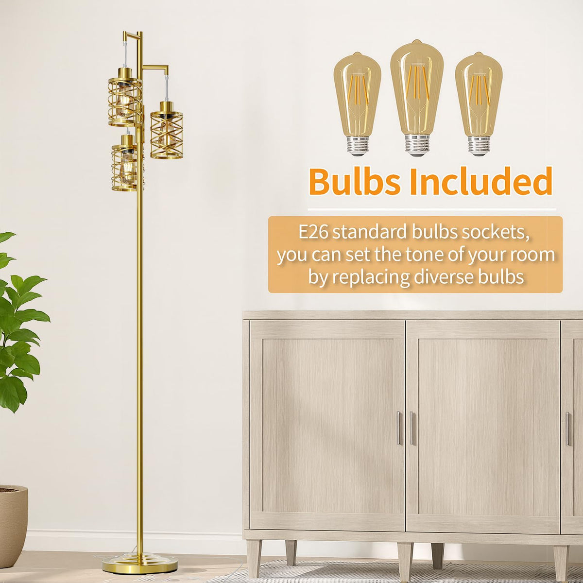 70" Industrial Floor Lamp, Stepless Dimmable Standing Lamp with 3 Bulbs, Farmhouse Corner Standing Tree Lamp, Tall