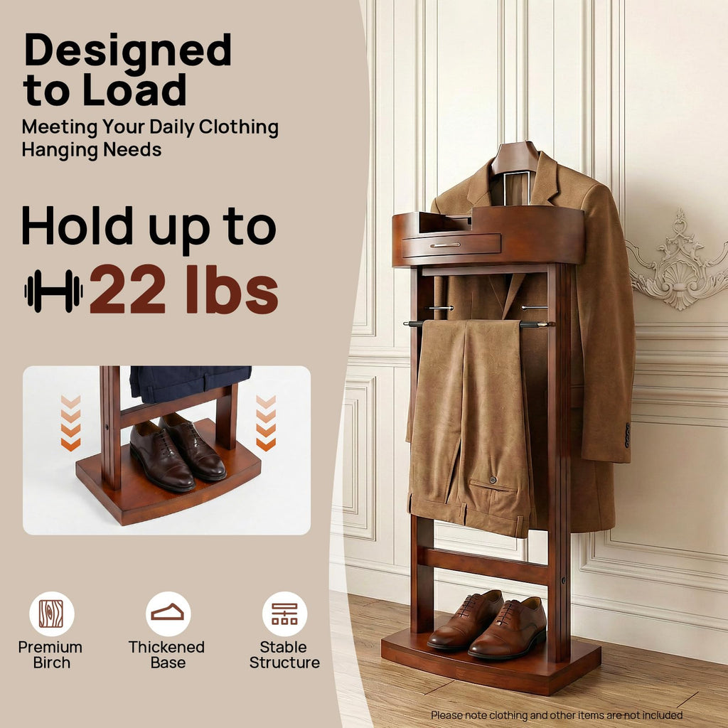 Wood Men Valet Stand with Drawer, Standing Suit Valet Stand, Clothes Organizer Rack Entryway Living Room Bedroom