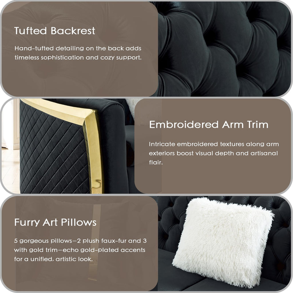 106" Oversize Button Tufted Chesterfield Sectional Sofa Set, Velvet L-Shaped Luxury Couches with Gold Stainless Steel