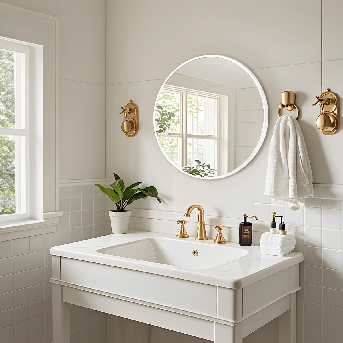 White Round Mirror 18 Inch, Wall Circle Mirror, Matte Framed