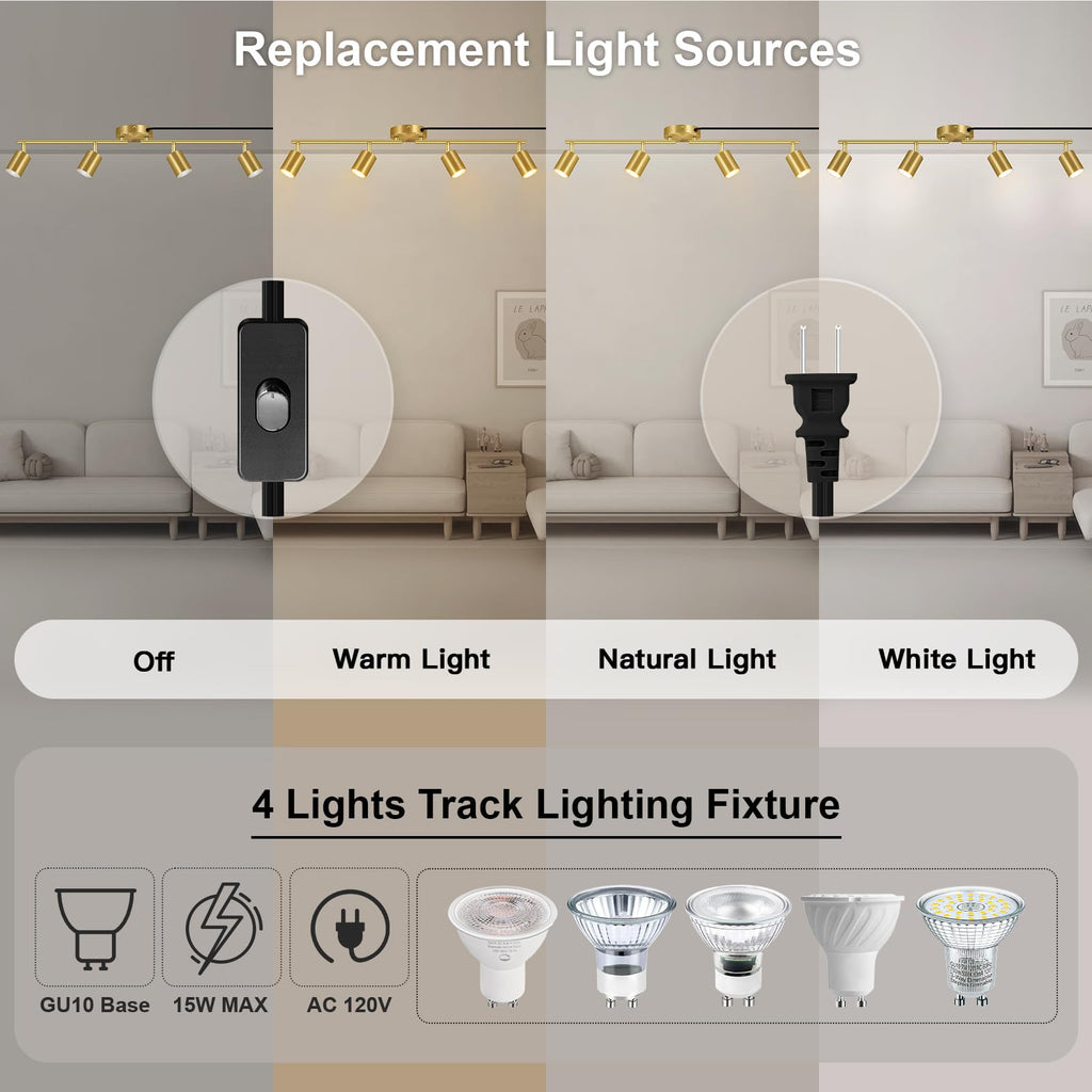 Track Lighting Plug in, LED Track Lighting Fixtures Ceiling Kit, Gold 4-Light Ceiling Light Plug-in, Wall Light