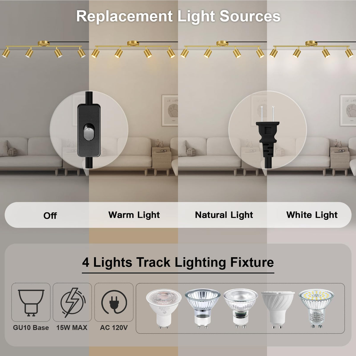 Track Lighting Plug in, LED Track Lighting Fixtures Ceiling Kit, Gold 4-Light Ceiling Light Plug-in, Wall Light