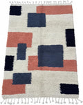 Wool Area Rug 6' x 9' - Handmade Berber Shag, Modern Geometric Color Block Design, Ivory/Cream with Navy and