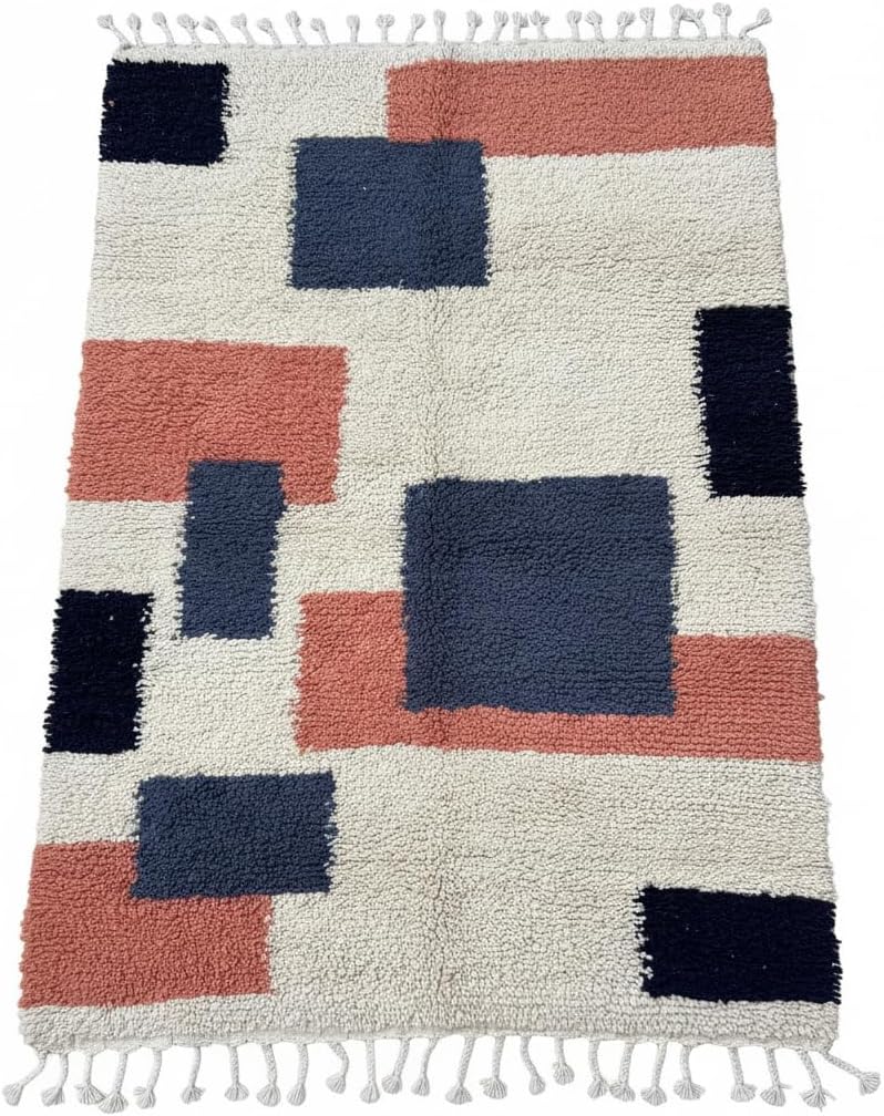 Wool Area Rug 6' x 9' - Handmade Berber Shag, Modern Geometric Color Block Design, Ivory/Cream with Navy and
