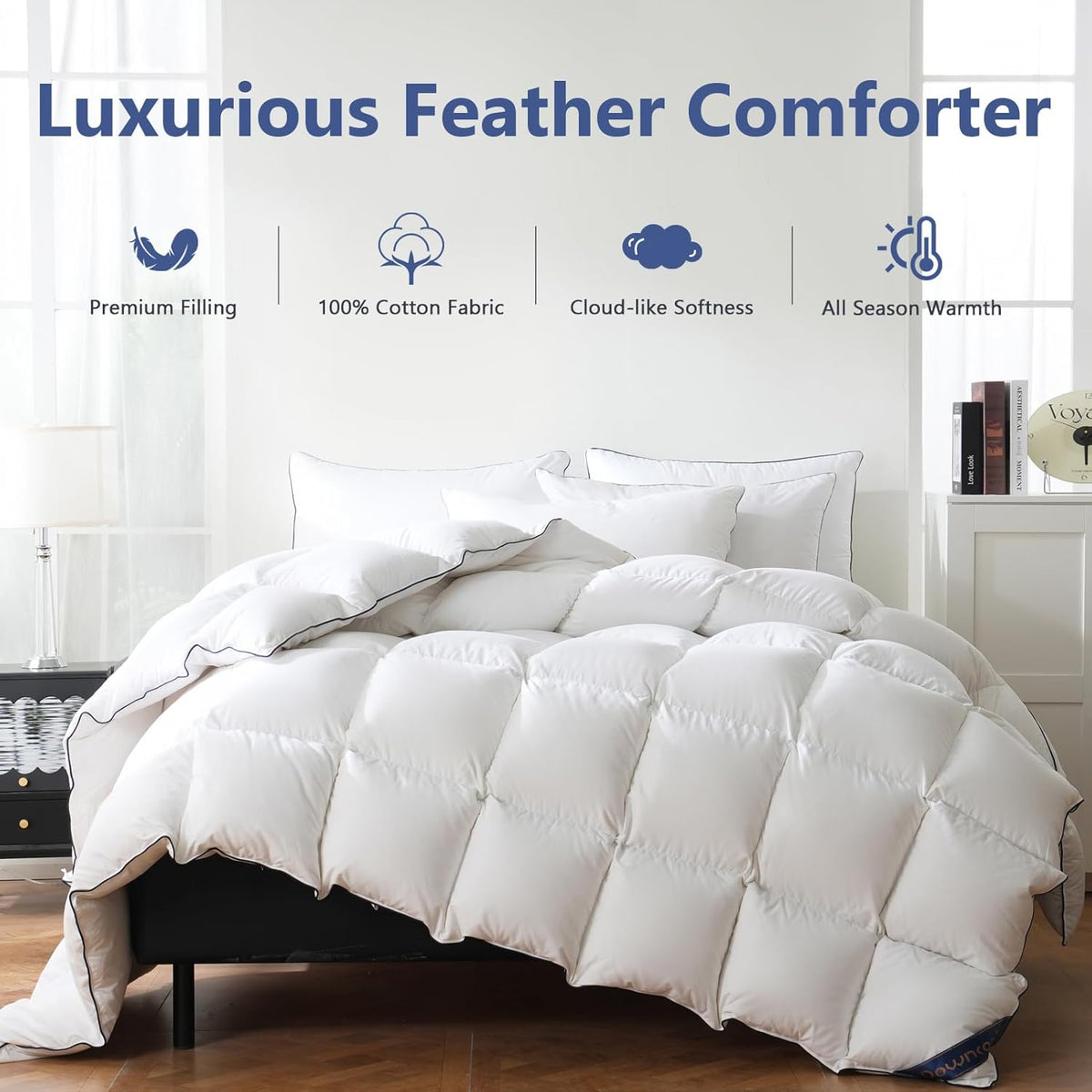 Feather Down Fiber Comforter, 100% Cotton Ultra Soft Fluffy Duvet Insert