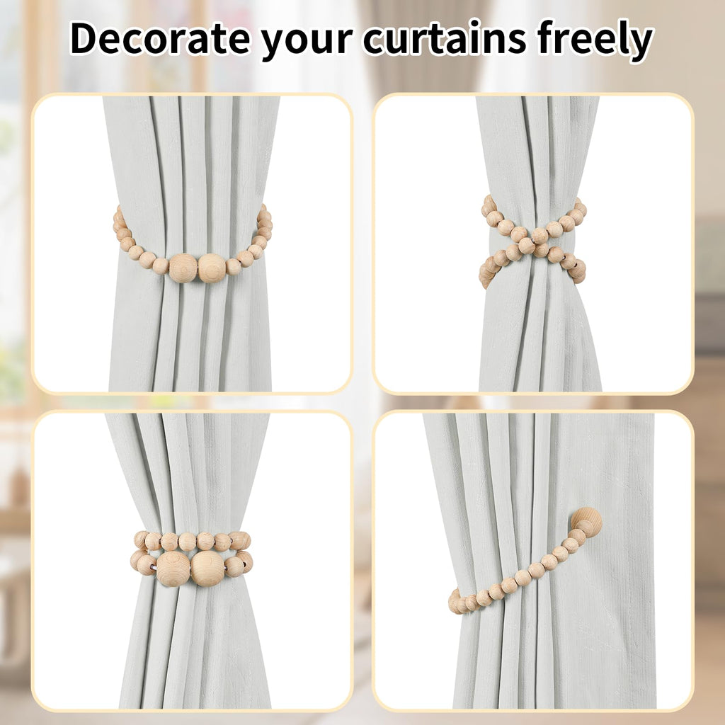 Magnetic Curtain Tiebacks, 6 Pack Wood Bead Curtain Holdbacks