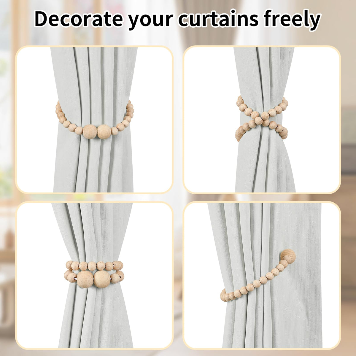 Magnetic Curtain Tiebacks, 6 Pack Wood Bead Curtain Holdbacks