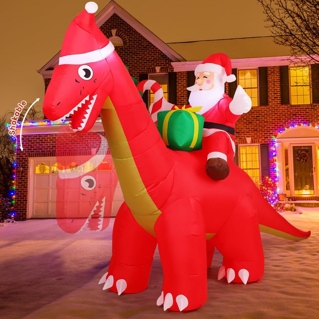 8FT Christmas Inflatables Outdoor Decorations Santa Riding Dinosaur,Blow Up Santa Inflatable with Built-in LED Lights