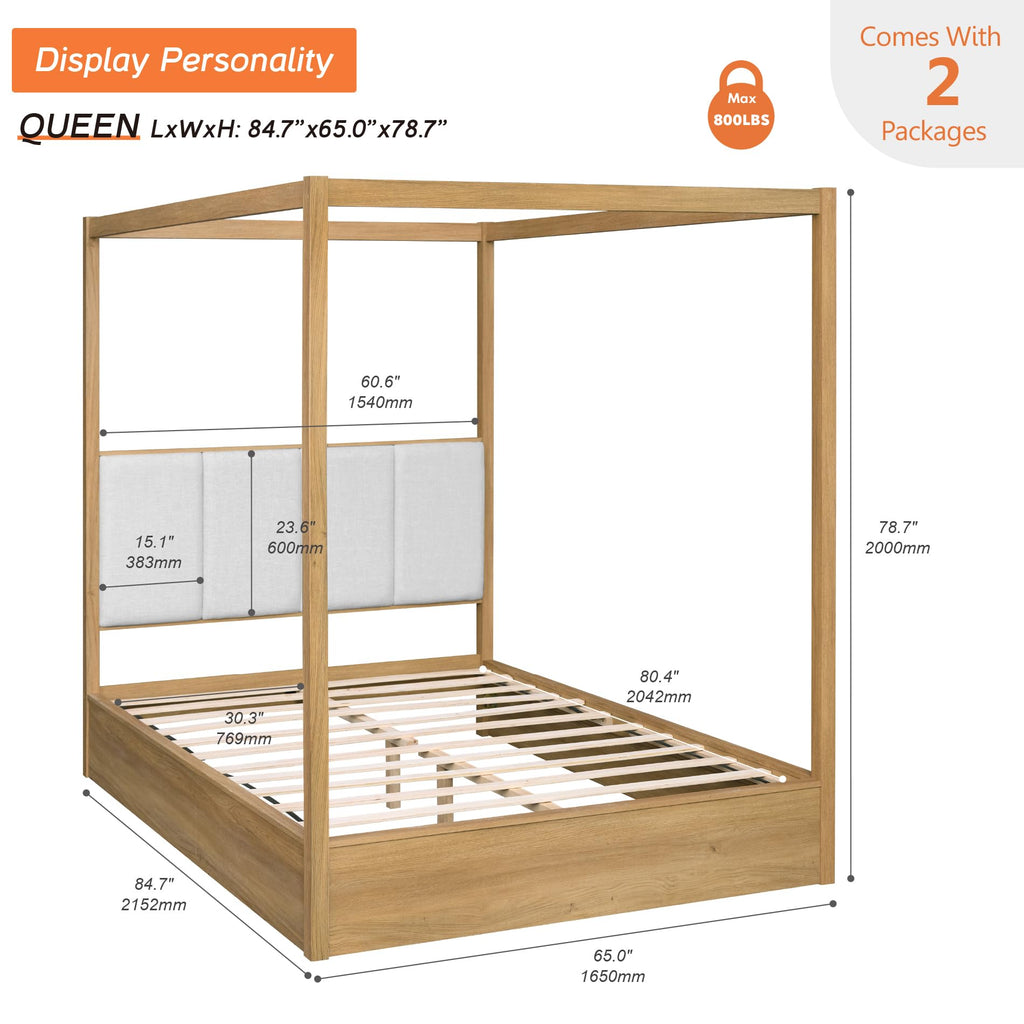 Wood Canopy Bed Frame Queen, Oak Bed w/Solid Wood Posters
