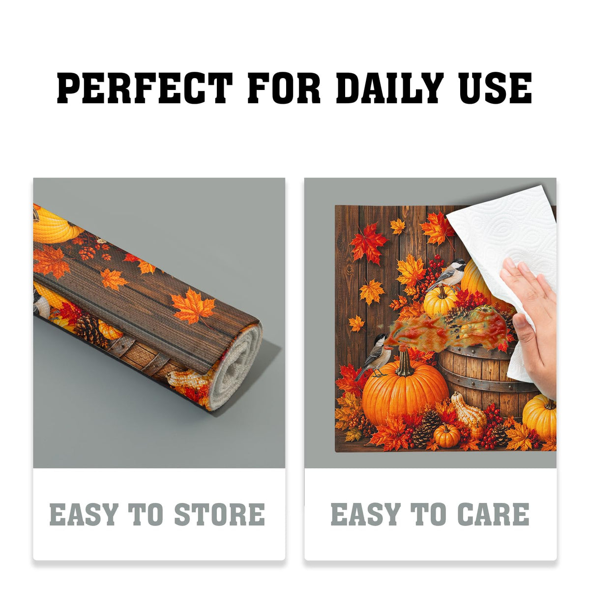 Autumn Placemats Set of 4 12x18 Inch Fall Maple Leaf Pumpkins Birds Decorative Linen Table Mat Rustic Wood Board