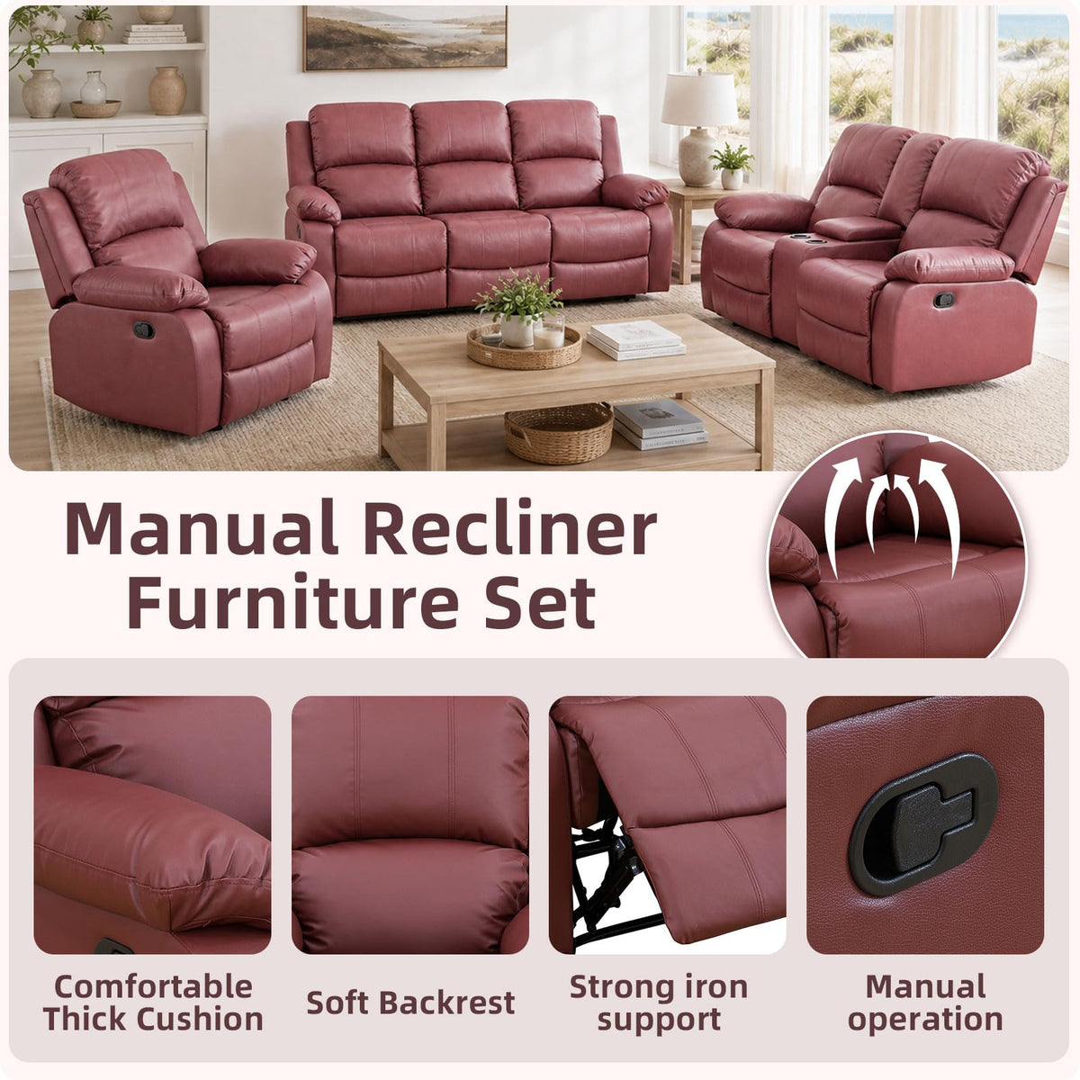 Manual Reclining Couch Sofa Set with Drop-Down Table, 3 Pieces Brown Leather Recliner Couch Sets, Living Room
