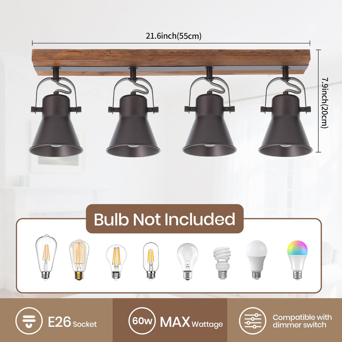 Farmhouse Wood Track Lighting with Dark Brown Metal Shades
