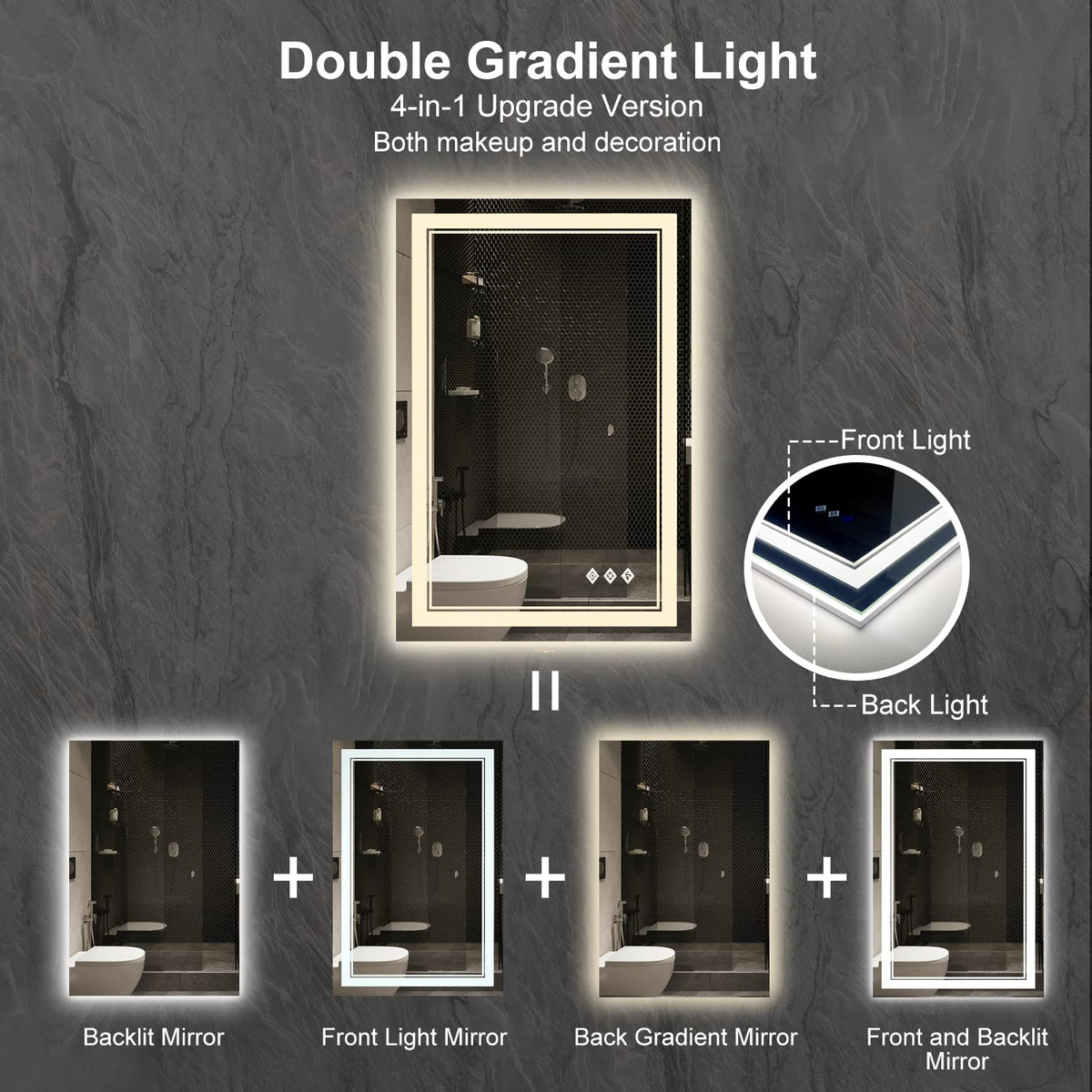 LED Mirror, 24x36 Inch Gradient Front and Backlight LED Bathroom Mirror, 3 Colors Dimmable CRI>90 Double Lights