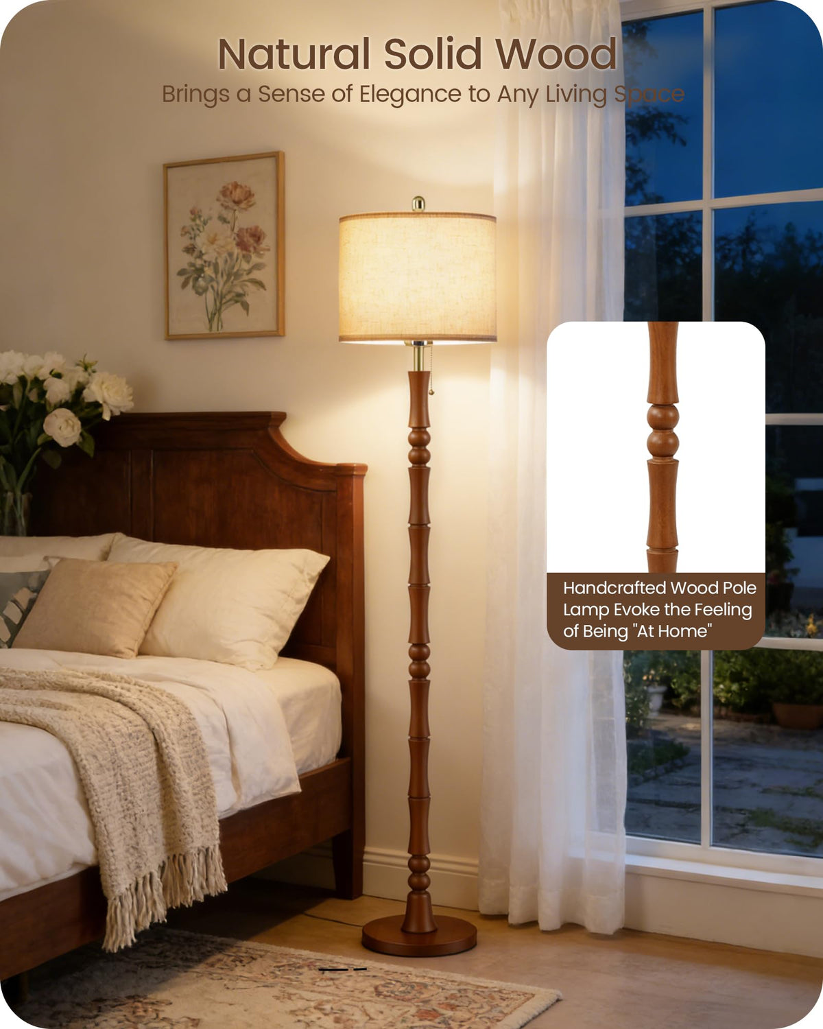 65" Vintage Wood Floor Lamp with Pull Chain, 3CCT, Walnut