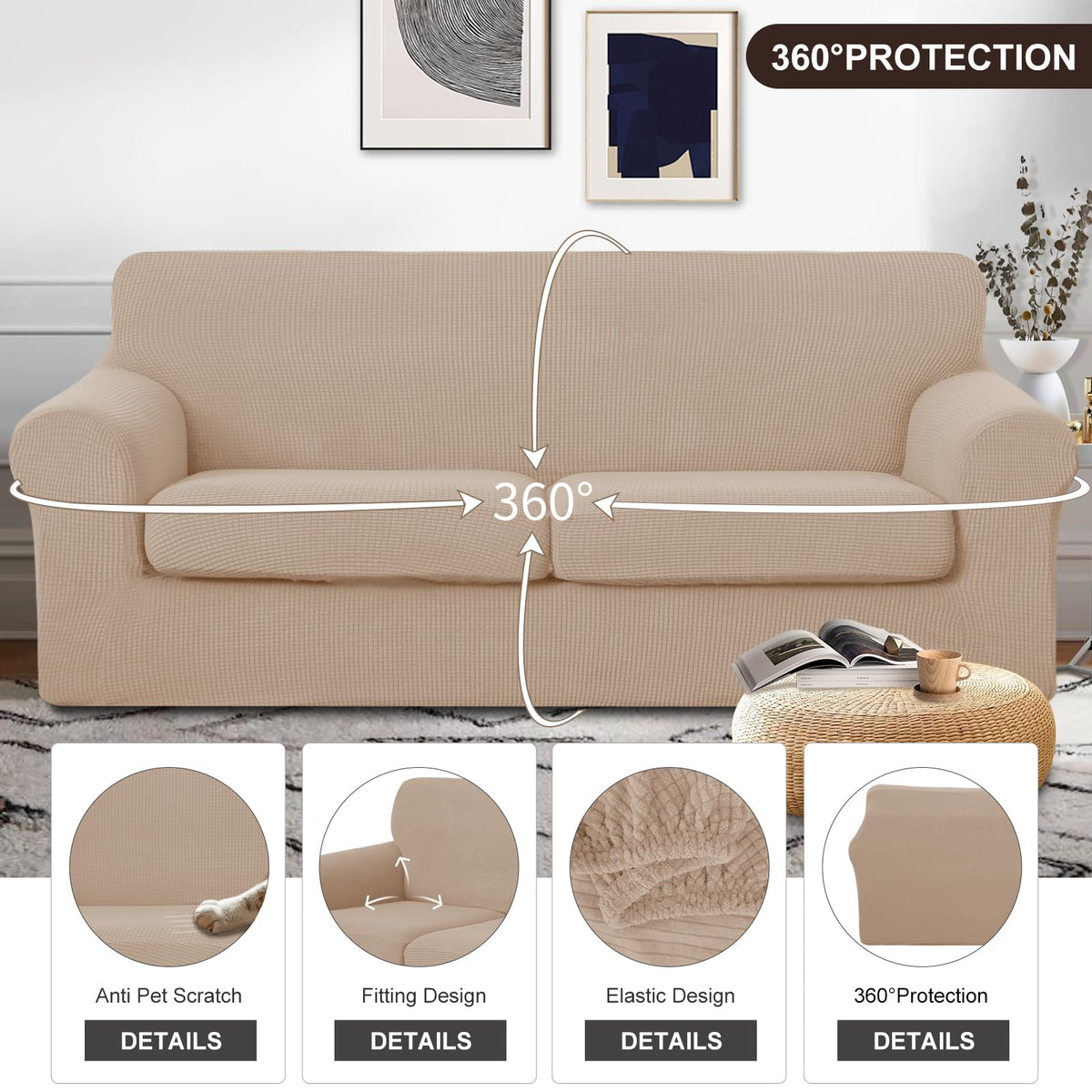 3 Pieces Stretch Couch Cover Sofa Slipcover, Camel