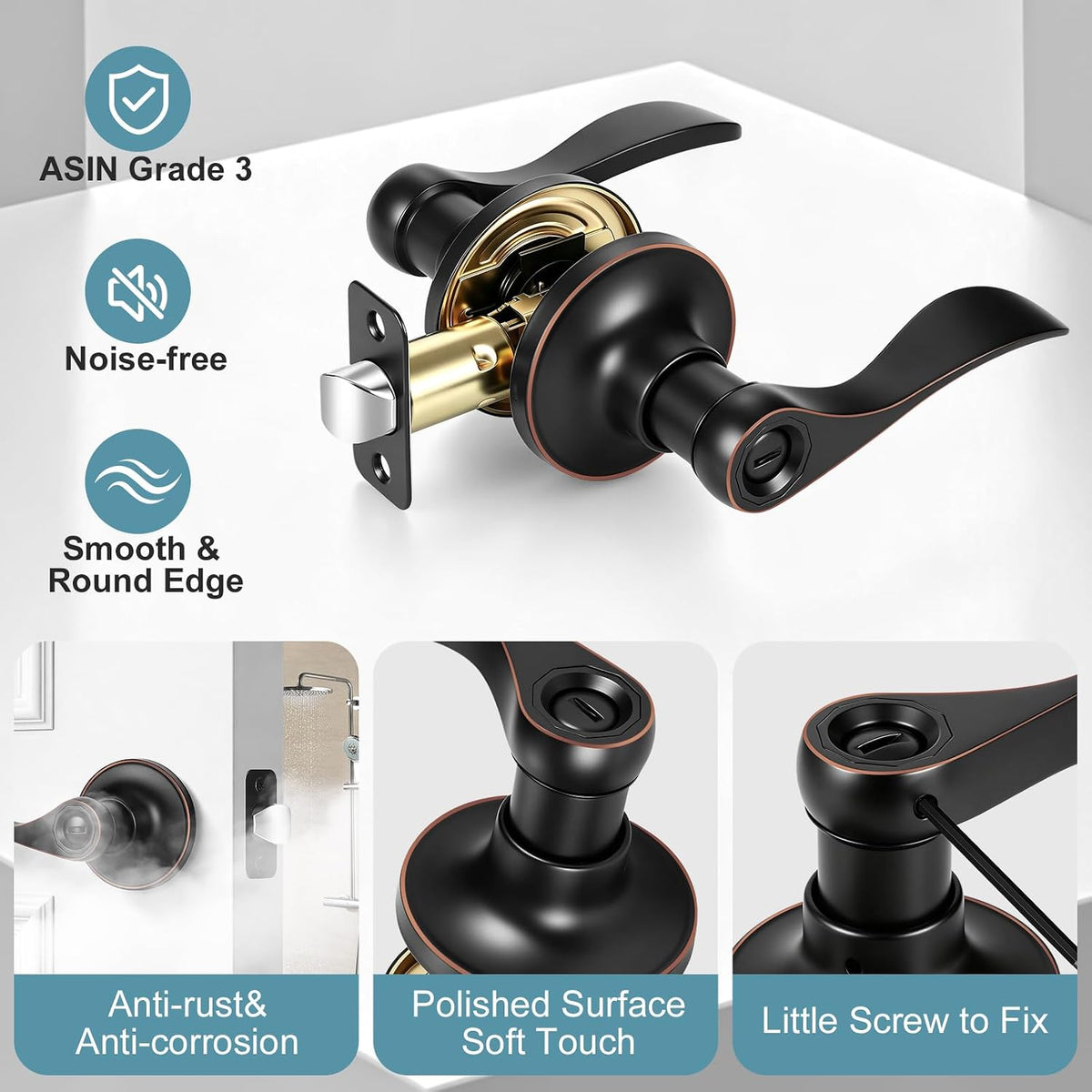 Oil Rubbed Bronze Privacy Door Knobs, Wave Style Keyless Interior Door Handle Bedroom, Heavy Duty Reversible Door