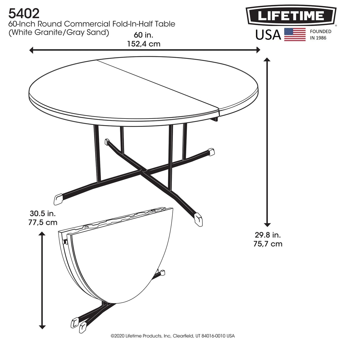 Commercial Round Fold in Half Table, 5 Feet, White Granite