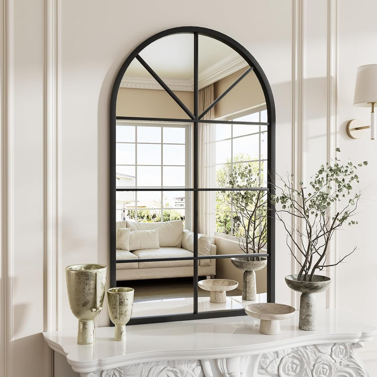 Arched Windowpane Mirror, 42"x24" Metal Frame Wall Mirror, Black